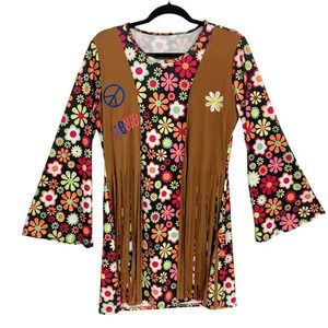 Hippie Mini-Dress, Size M, 70's Flower Power Fringe Halloween Costume Faux Suede
